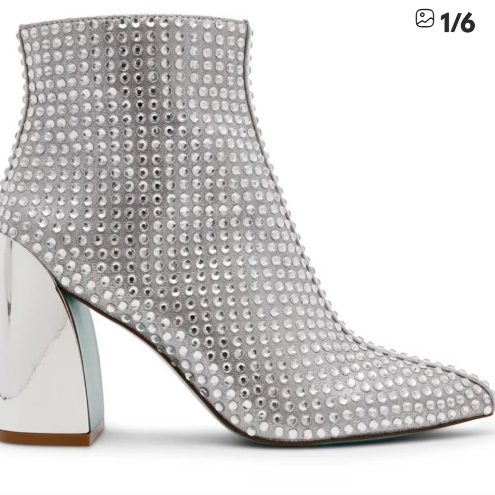 BETSEY JOHNSON Colby Rgimestone Studded Booties in silver for women NEW